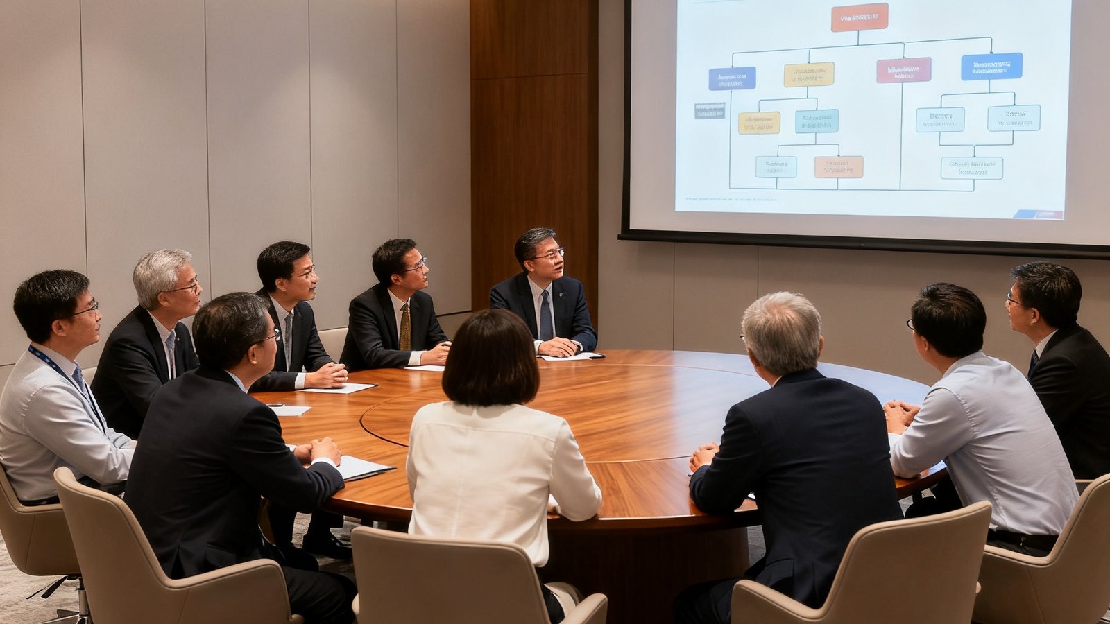 新加坡滨海湾贵宾厅举办的跨境税务合规沙龙现场，十位嘉宾围坐在圆形会议桌旁认真聆听，投影屏幕上展示着税务架构图表